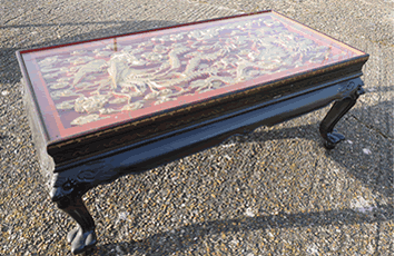 Black Low Table, Red with Gold Carved Interior Glass Top